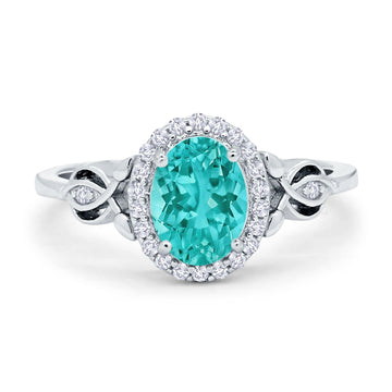 Oval Engagement Ring Halo Simulated Paraiba Tourmaline CZ 925 Sterling Silver